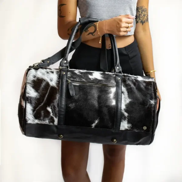 Handmade Black And White Leather Cowhide Duffle Bag Standout