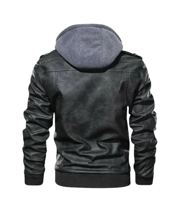 Hooded Biker Leather Jacket For Men Back