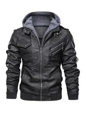 Hooded Biker Leather Jacket For Men Main