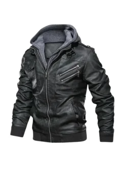 Hooded Biker Leather Jacket For Men Right Side