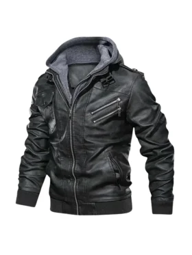 Hooded Biker Leather Jacket For Men Right Side
