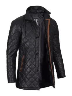 Jason Men Black Diamond Quilted Leather Jacket Left