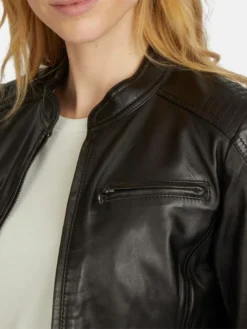 Jennifer Womens Black Leather Jacket Cafe Collar