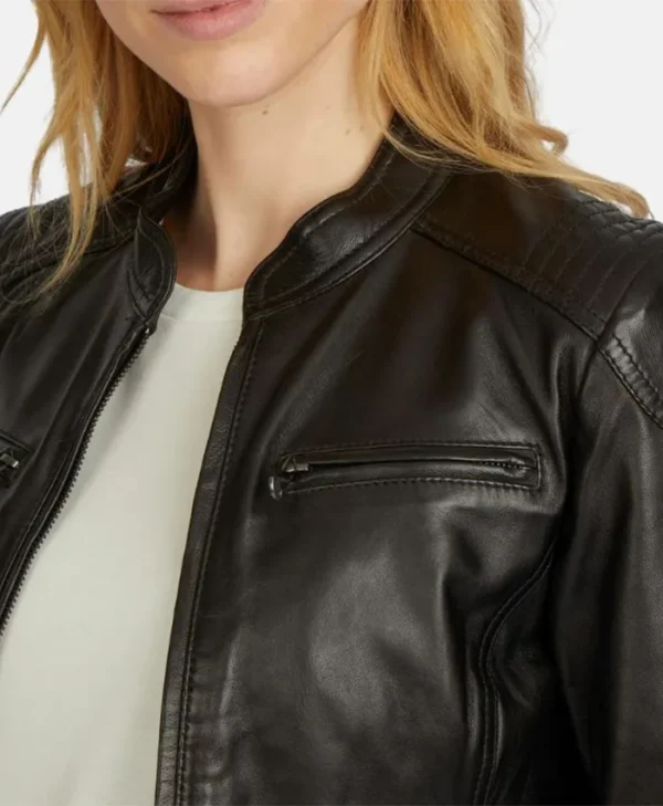 Jennifer Women’s Black Leather Jacket Cafe Collar