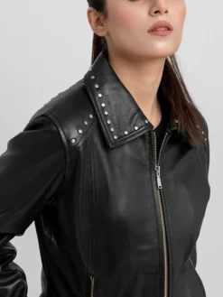 Jennifer Womens Black Motorcycle Jacket Collar