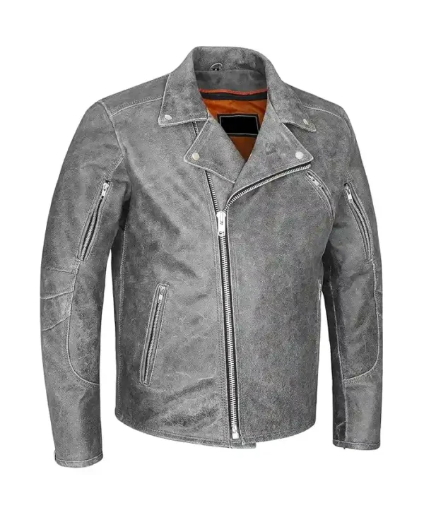 Jhon Mens Grey Distressed Biker Jacket 1