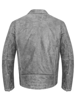 Jhon Mens Grey Distressed Biker Jacket Back