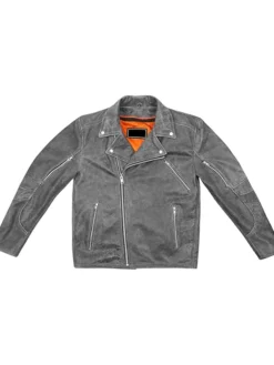 Jhon Mens Grey Distressed Biker Jacket Leaning