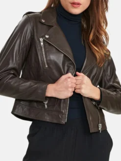 Kelly Style Womens Brown Leather Biker Jacket Close