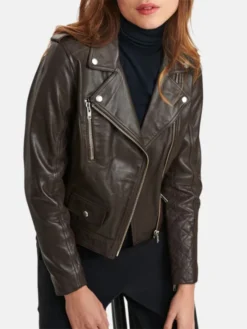 Kelly Style Womens Brown Leather Biker Jacket Stand