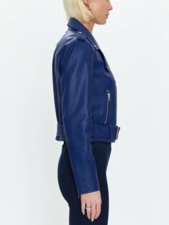 Lana Womens Blue Leather Biker Jacket Left Side
