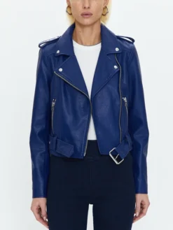 Lana Womens Blue Leather Biker Jacket Zipper