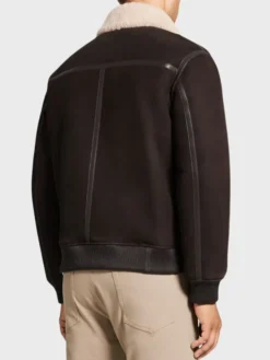 Leather Brown Shearling Bomber Jacket Mens Back
