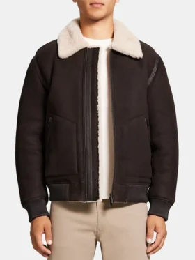 Leather Brown Shearling Bomber Jacket Mens Main