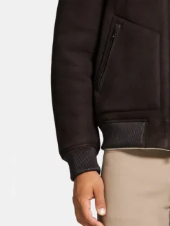 Leather Brown Shearling Bomber Jacket Mens Sleeves