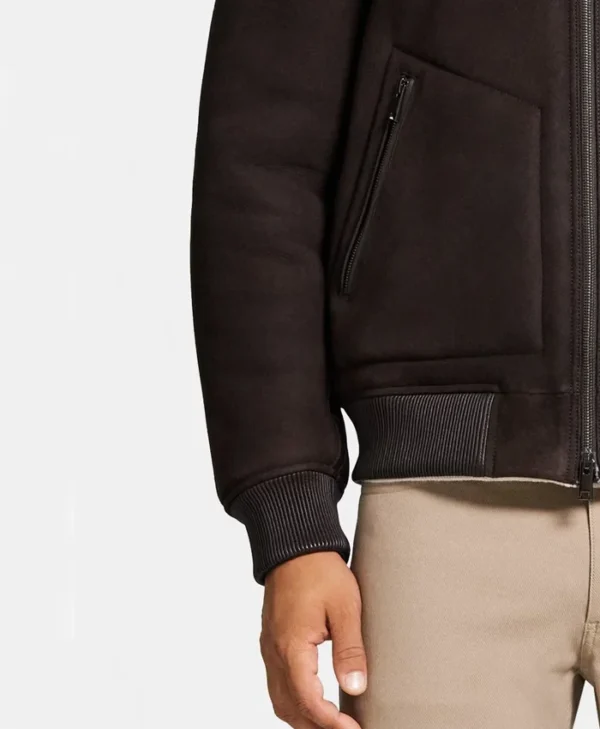 Leather Brown Shearling Bomber Jacket Mens Sleeves