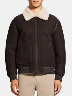 Leather Brown Shearling Bomber Jacket Mens Zipper