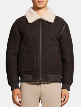 Leather Brown Shearling Bomber Jacket Mens Zipper