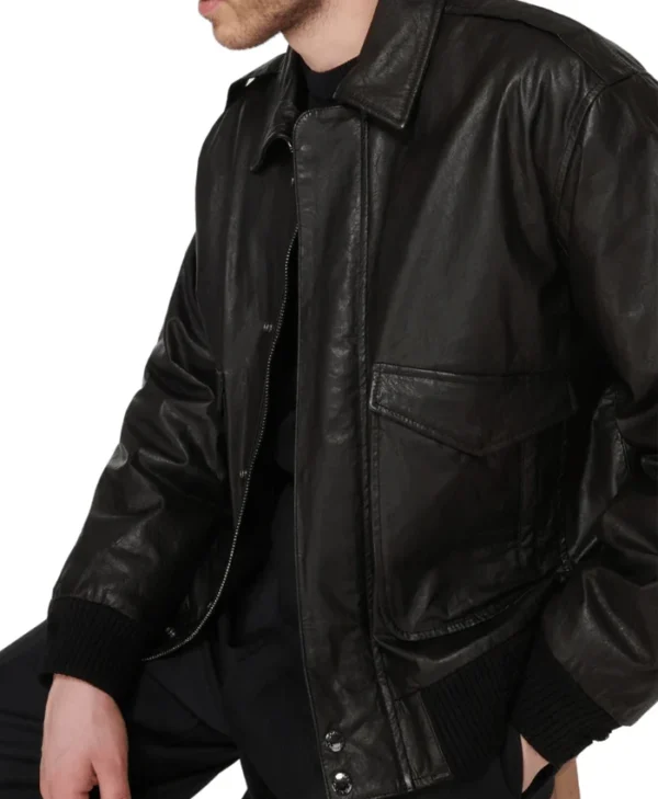 Leather Mens Black Aviator Jacket Cuffs