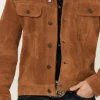 Leather Trucker Style Mens Tan Suede Jacket Buttoned