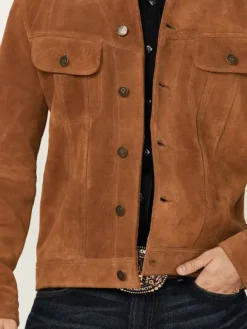 Leather Trucker Style Mens Tan Suede Jacket Buttoned