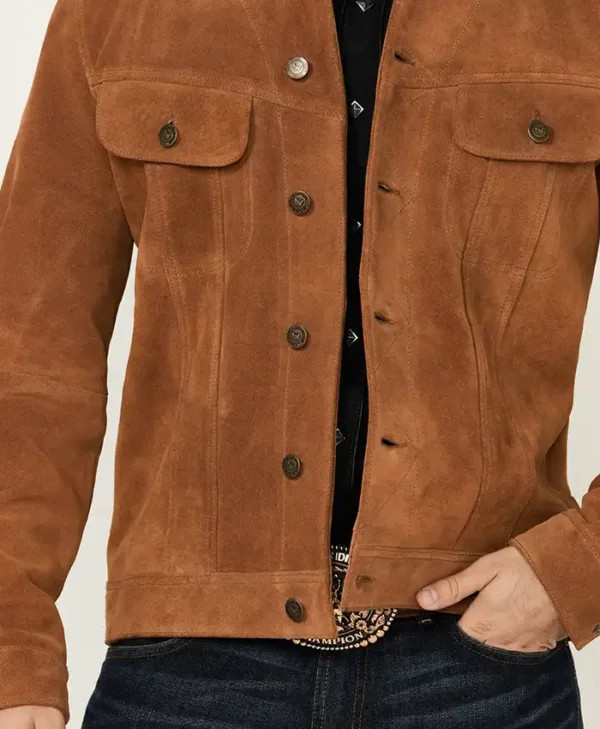 Leather Trucker Style Mens Tan Suede Jacket Buttoned