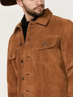 Leather Trucker Style Mens Tan Suede Jacket Collar