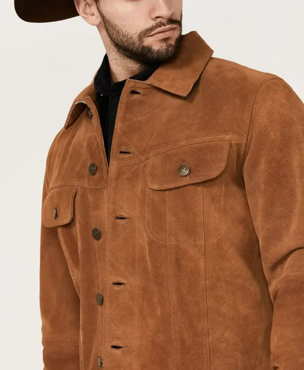 Leather Trucker Style Mens Tan Suede Jacket Collar