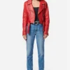 Loren Womens Brando Red Biker Jacket Stand Up