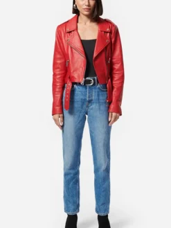 Loren Womens Brando Red Biker Jacket Stand Up