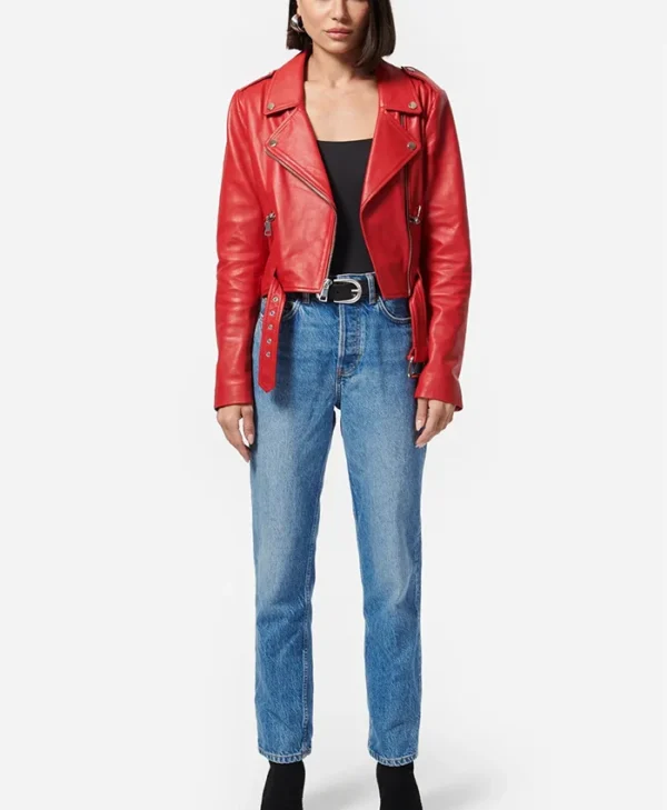 Loren Womens Brando Red Biker Jacket Stand Up