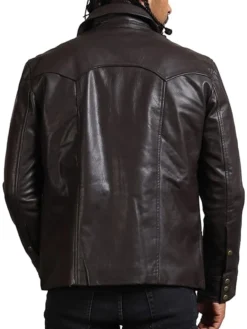 Mens Addicted Brown Leather Trucker Jacket Back