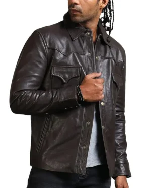 Men’s Addicted Brown Leather Trucker Jacket Main