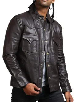 Mens Addicted Brown Leather Trucker Jacket Pockets