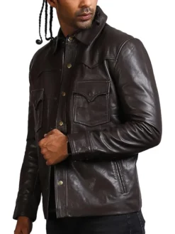 Mens Addicted Brown Leather Trucker Jacket Right