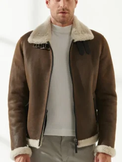 Mens Berlin Brown Bomber Shearling Jacket Closure