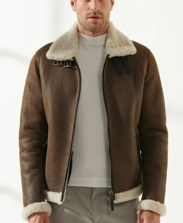 Mens Berlin Brown Bomber Shearling Jacket Closure