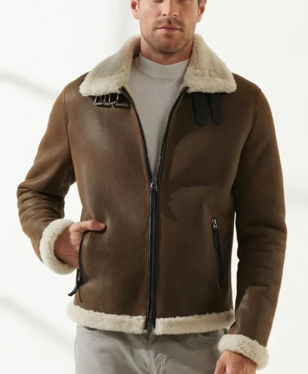 Mens Berlin Brown Bomber Shearling Jacket Main