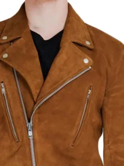 Mens Biker Brown Suede Leather Jacket Collar