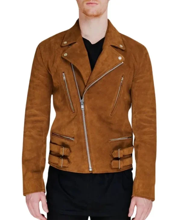 Mens Biker Brown Suede Leather Jacket Front