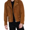 Mens Biker Brown Suede Leather Jacket Stand