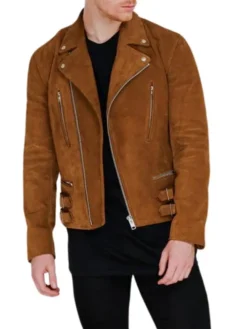 Mens Biker Brown Suede Leather Jacket Stand