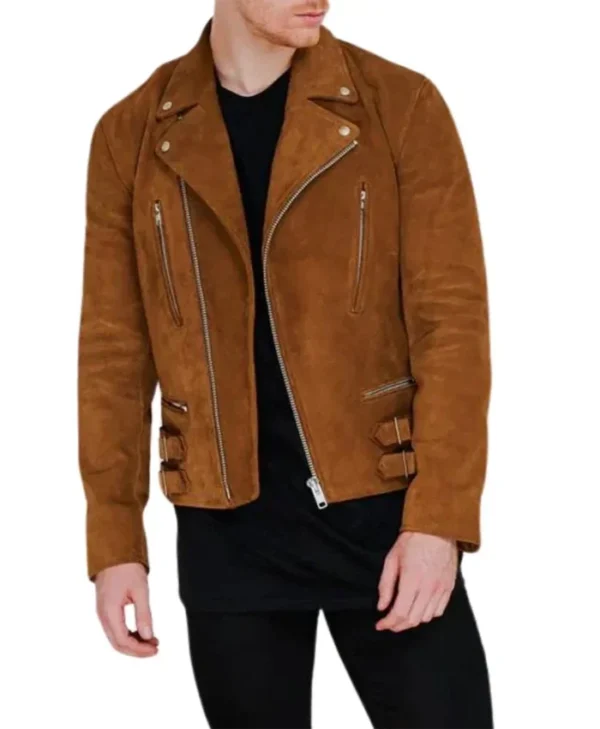 Mens Biker Brown Suede Leather Jacket Stand