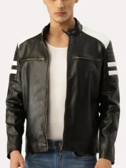 Mens Black And White Leather Jacket Mayhem Project Main