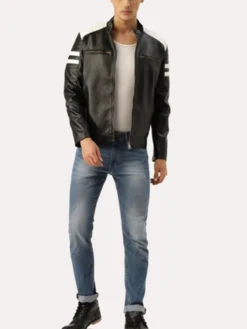 Mens Black And White Leather Jacket Mayhem Project Stand