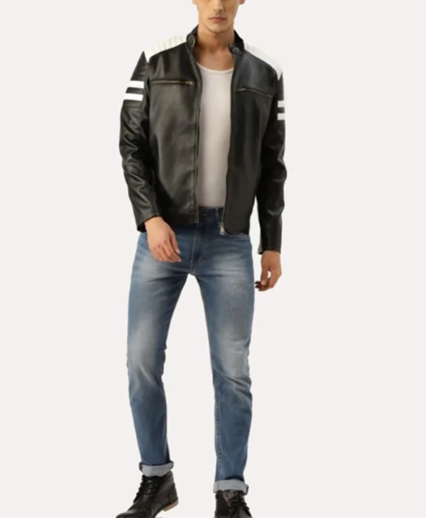 Mens Black And White Leather Jacket Mayhem Project Stand