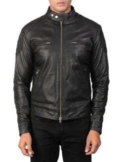 Mens Black Cafe Racer Jacket Close