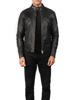 Mens Black Cafe Racer Jacket Stand Up