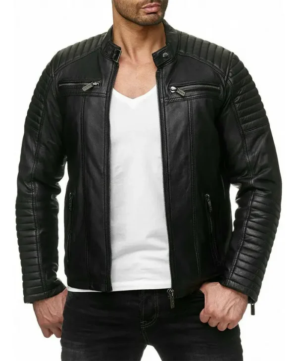 Mens Black Cafe Racer Leather Jacket