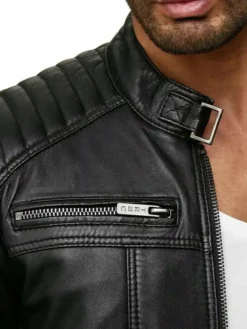 Mens Black Cafe Racer Leather Jacket Collar